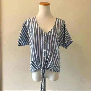Charolette Russe blue and white striped button up tee with tie